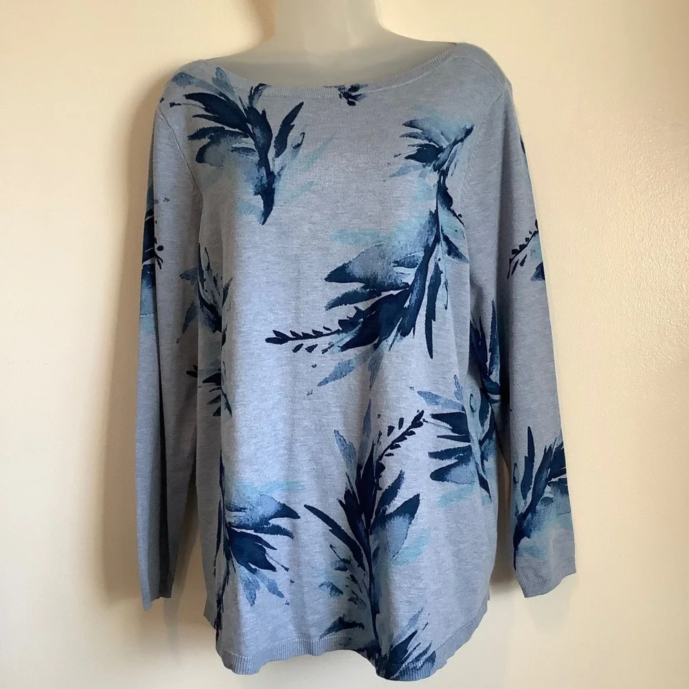 Chicos Blue Leaf Print Boat Neck Sweater Size 2 Large Rayon Blend Long Sleeve - Picture 4 of 13